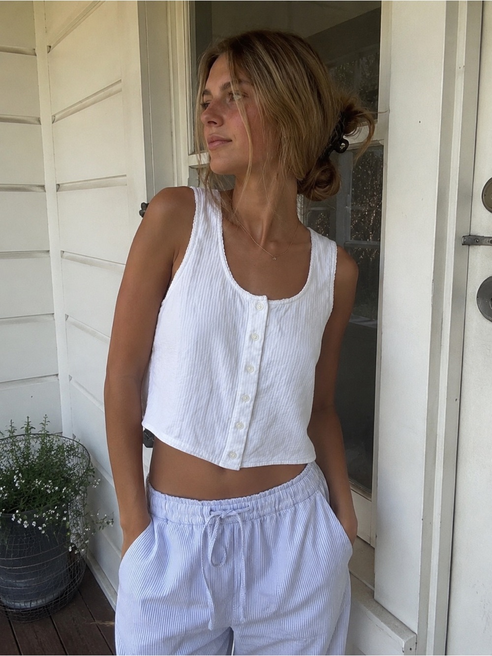 Brandy Melville White Cotton Button Front Crop Tank Top | Coastal Cottagecore